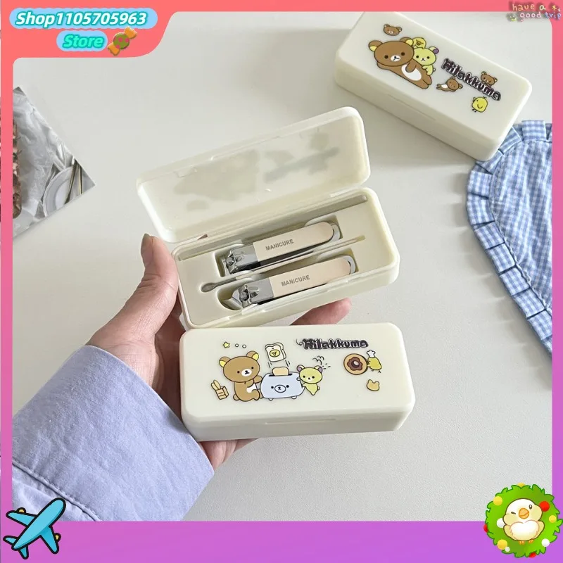 Rilakkuma Nagelknipser mit Spritzschutz und Ohrlöffel, tragbarer Nagelschneider mit abgeschrägter Klinge, Haushalts-Maniküre- und Pediküre-Werkzeug
