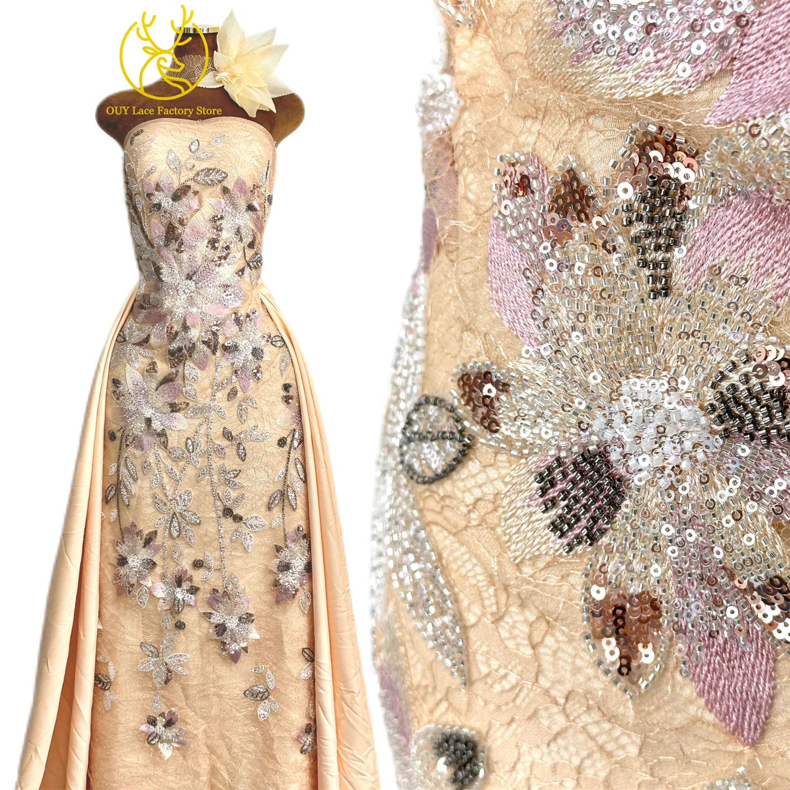 3D-Stickerei-Blattapplikation mit Pailletten, Röhrenperlen und Spitze, hochwertiger französischer Tüllspitzenstoff für Hochzeitskleider, Brautkleider und Partykleider zum Nähen. – Detail 5