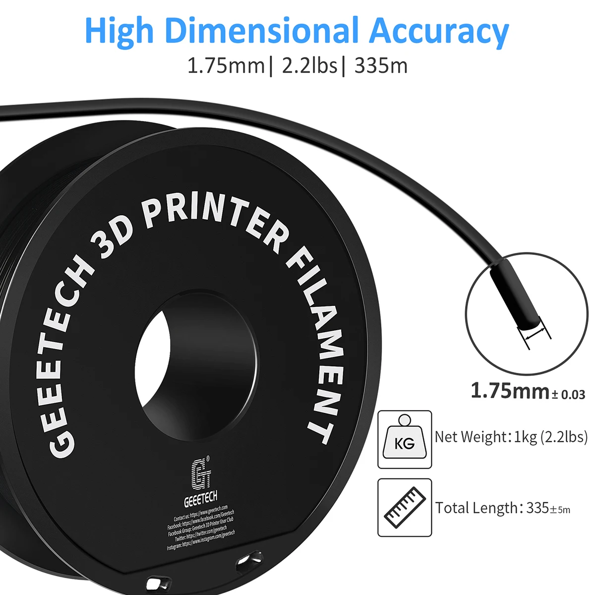 Geeetech PLA Filament 1.75mm 2KG Spool ±0.03mm Diameter Tolerance High Precision 3D Printer Filament for Most FDM 3D Printers