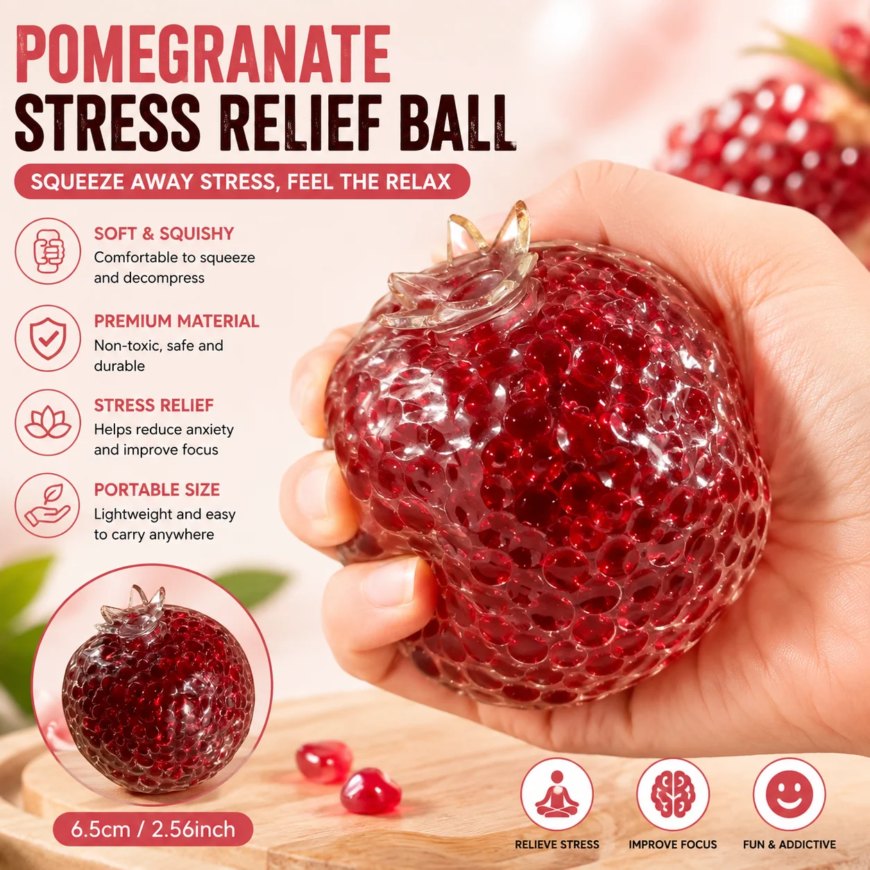 1PC Pomegranate Shaped Stress Relief Ball, Durable Malleable Acrylic Squeeze Toy Novelty Holiday Party Gift