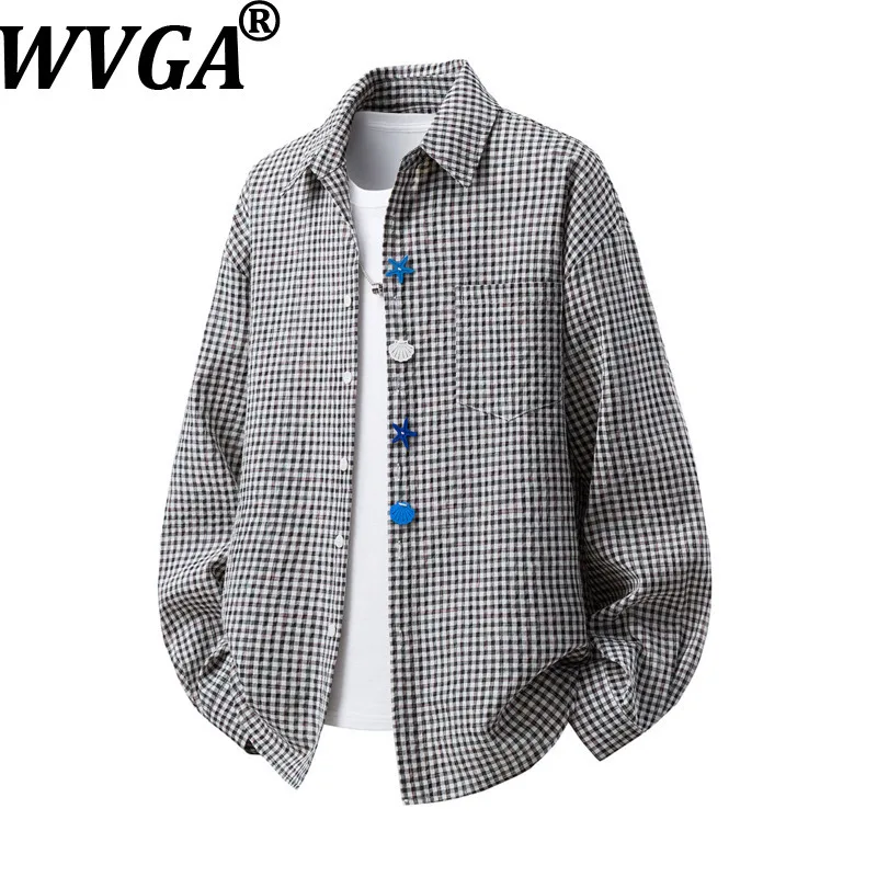 

Мужская рубашка WVGA с пуговицами и клетчатым узором, модная, с длинным рукавом, в стиле кэжуал, оверсайз, с отложным воротником, новинка весна-осень W20243