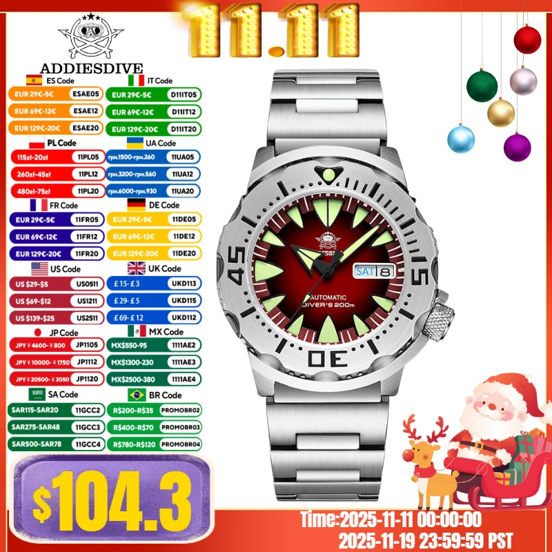 

ADDIESDIVE AD2103 Men Monster Watch Luminous Sapphire Glass Blue Dial NH36 Diver 316L Stainless Steel Mechanical Watches
