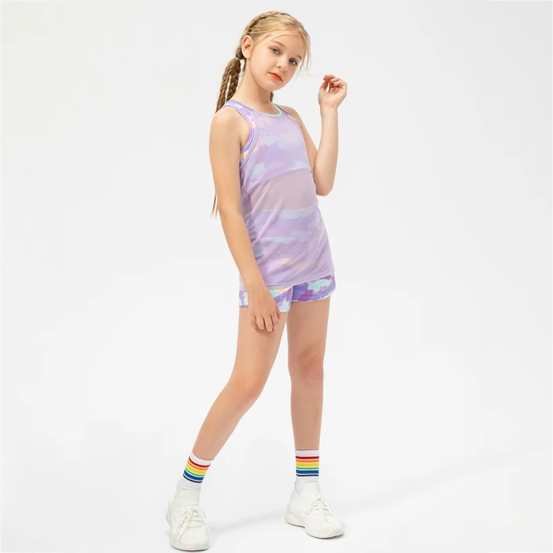 Girls Dance Sports Smock Fake Two Mesh Sports Vest Casual Print 4-12 Year Old Girls Crewneck Mesh Breathable T-Shirt