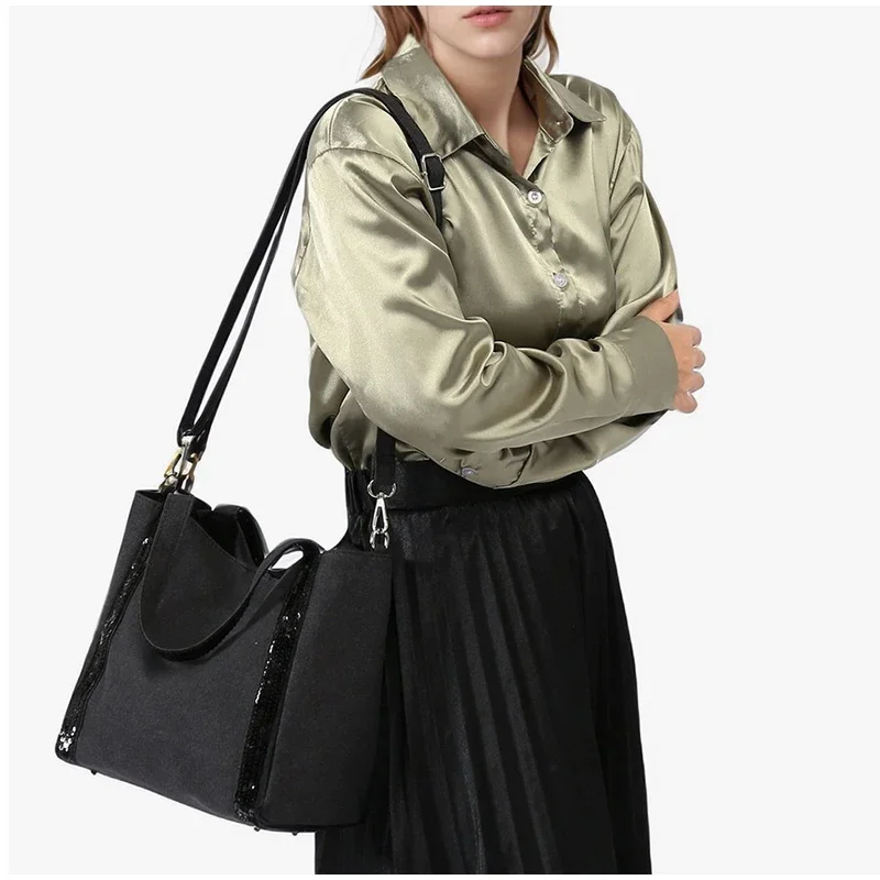 Pailletten-Canvas-Einkaufstasche mit Reißverschluss, große Kapazität, Vintage-Kontrastfarbe, Damen-Umhängetasche, Designer-Pendler-Alltagshandtasche, Schwarz – Detail 28