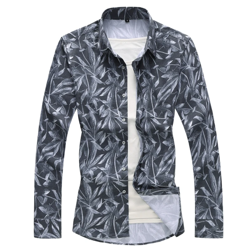 2023 Lente Nieuwe Kwaliteit Plant Blad Print Mannen Met Lange Mouwen Shirt Jeugd Vitaliteit Koreaanse Trend Slanke Elastische Overhemd Klassieke doek