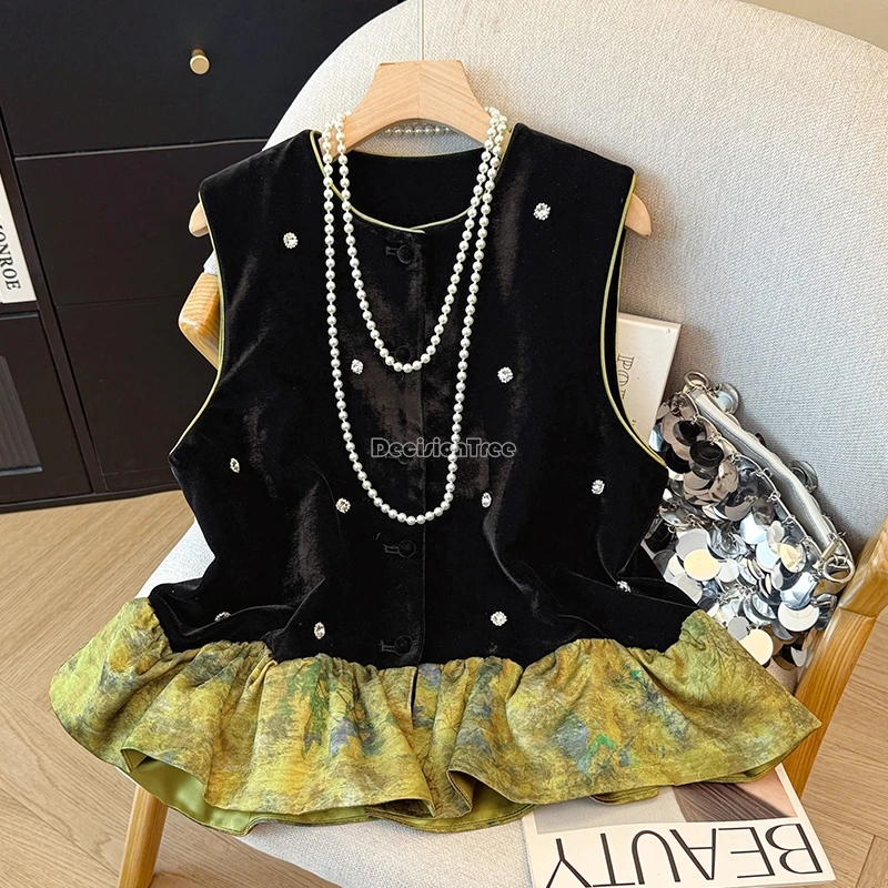 

2025 new autum chinese retro fashion style beaded nails velvet vest women sleeveless patchwork design design tang suit vest t01