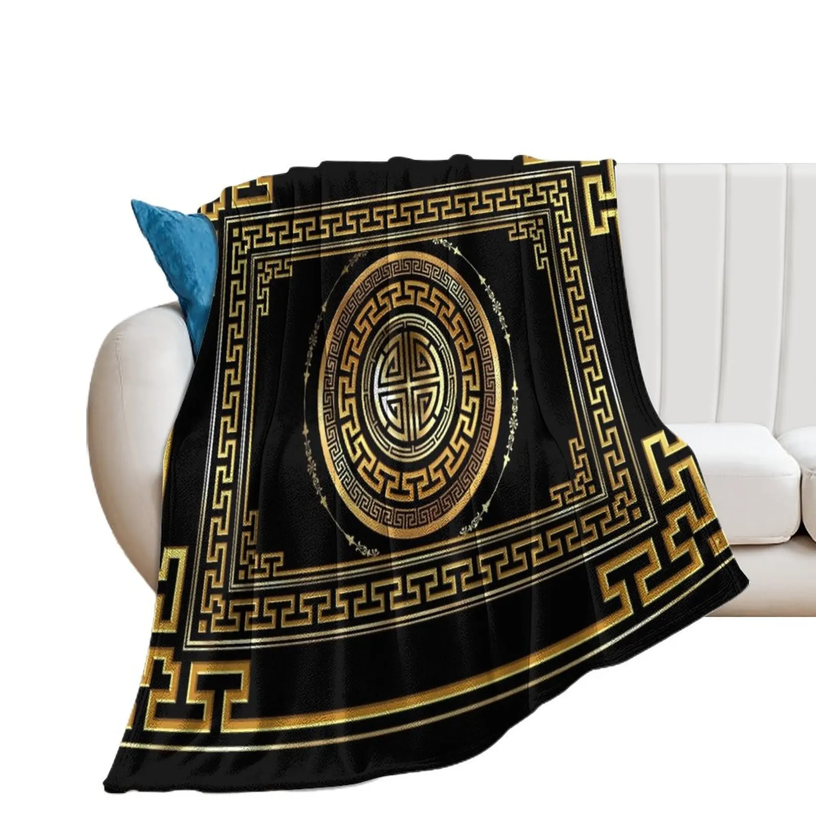 

Greek Key Meander Black Gold Large Throw Blanket Beautifuls Soft Plaid Nap Blankets