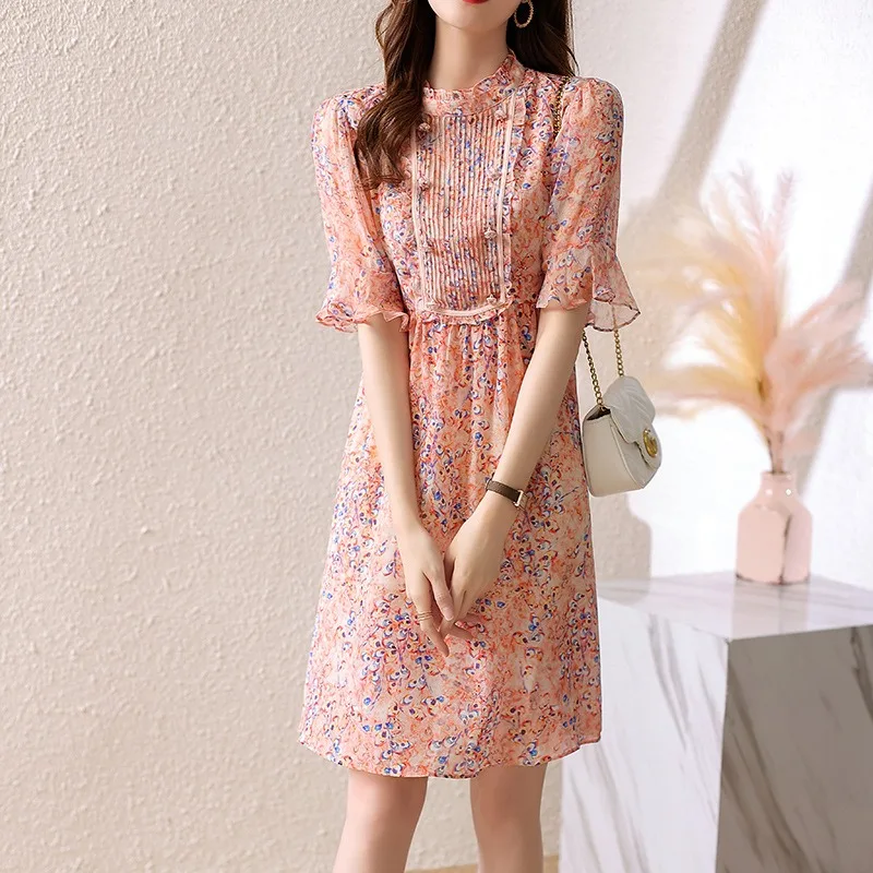 

Women's Fashion Silk Floral Dresses 24 Spring Summer Ladies Sexy Office Work Daily Beachwear Fairy Dress Pink Blue Chiffon