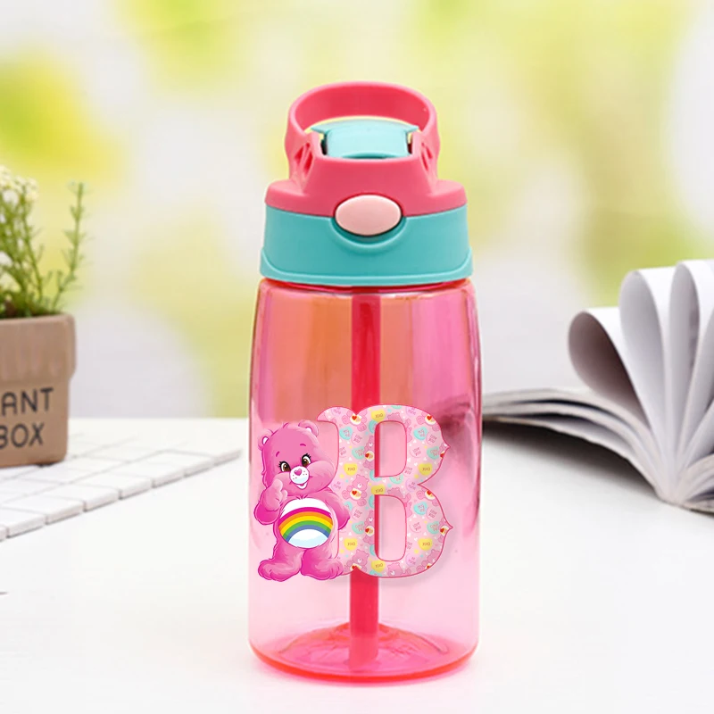 

Kawaii Care Bears Water Bottle with Straw Cartoon Anime 26 Letter Pattern Drinking Cup Plastic Leak Proof Portable Sports Bottle