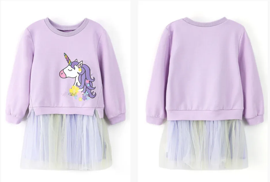 Spring  Autumn Girls Long-sleeved Dress Cartoon Unicore Rainbow Mesh Stitching Sweater Dresses