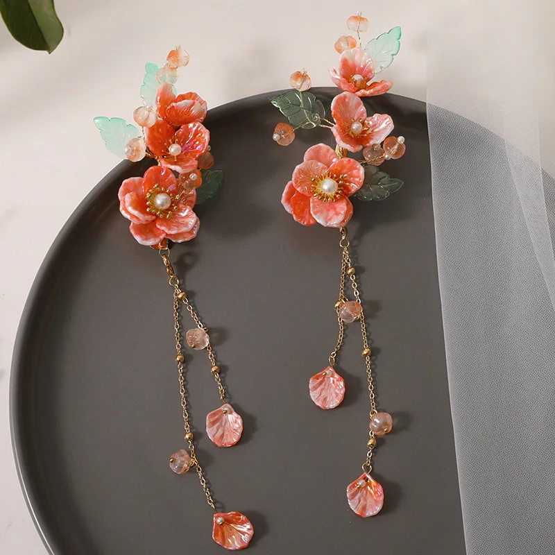 New Original Antique Fresh Tassel Hairpin Flower Glass Edge Clip Ancient Han Suit Women Hair Accessories