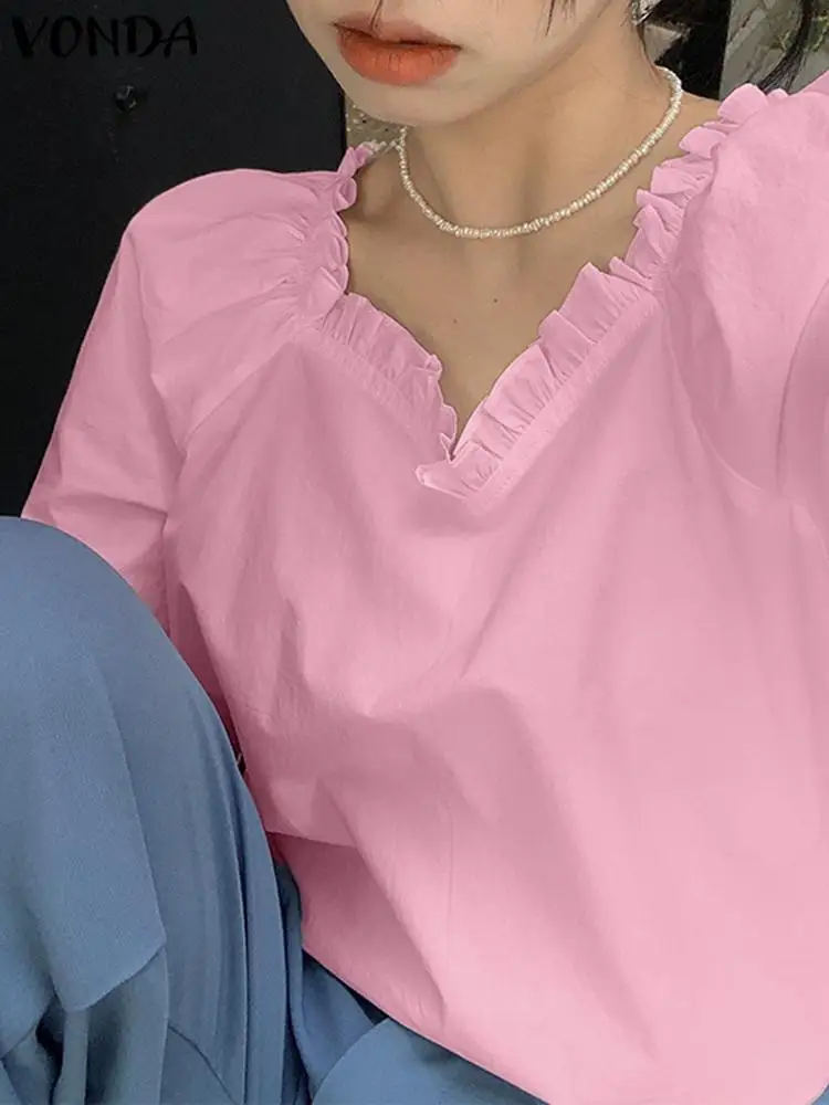 

VONDA Women Square Neck Tops 2023 Loose Bohemian Solid Color Ruffle Blouse Casual Short Sleeve Female Shirts Femininas Blusas