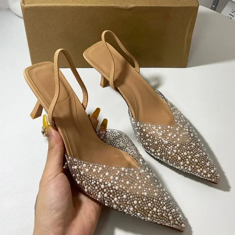 

2025 Summer Women's High Heeled Sandals Transparent Pointed Toe Elegant Ladies Fashion Shoes Pearl Decoration Slingback Sandal