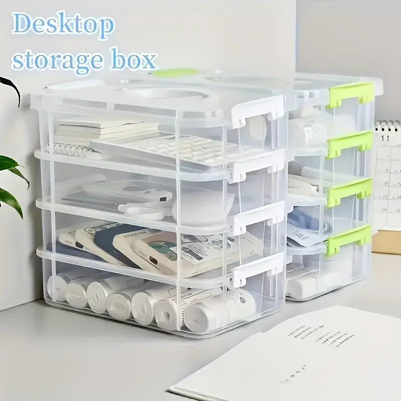 4 Layers Office Accessories Portable Desk Organizer Stationery Large Capacity Transparent Organizers Storage Box School Supplies