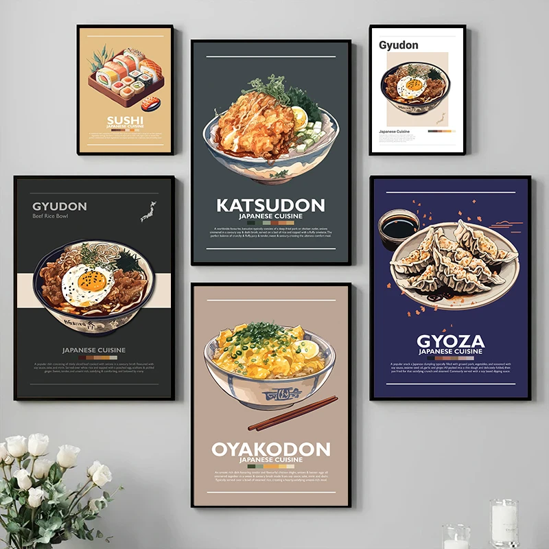 Póster de comida japonesa, Donburi Oyakodon, Ramen, pollo frito, Yakitori, Sushi, pintura en lienzo, arte de pared, imagen, decoración del hogar para cocina