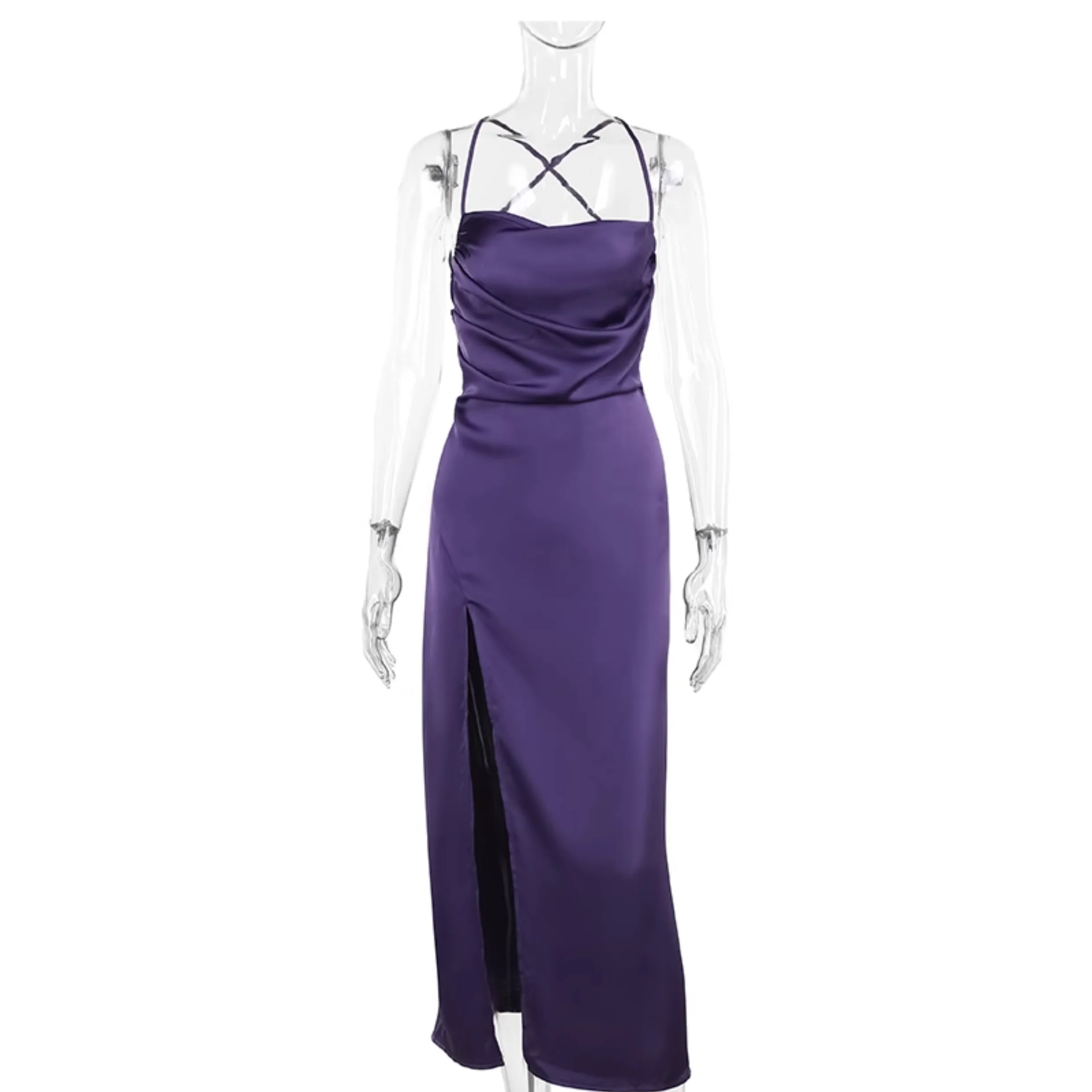 Temperament Paars Satijn Charme Halsgemonteerde Lange Splitjurk Dames Europese en Amerikaanse Sexy Elegante Backless Onregelmatige Jurken