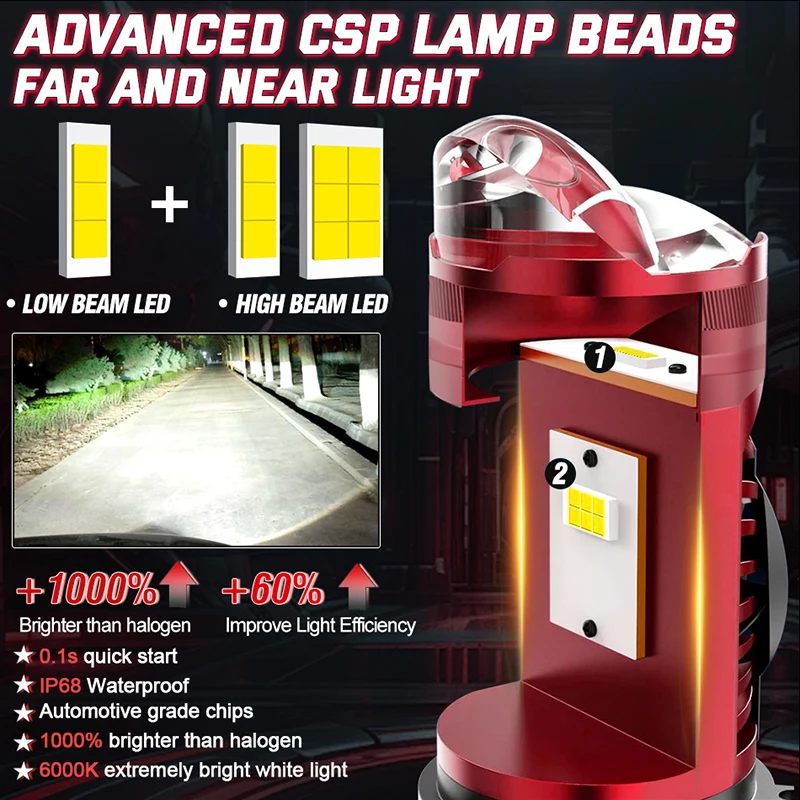 2 قطعة 1000 واط H4 BI Led العارض عدسة H4 مرحبا/لو شعاع سيارة العلوي لمبة سيارة LED العلوي عدسة صغيرة العارض LHD RHD 6000 كيلو 12 فولت #3