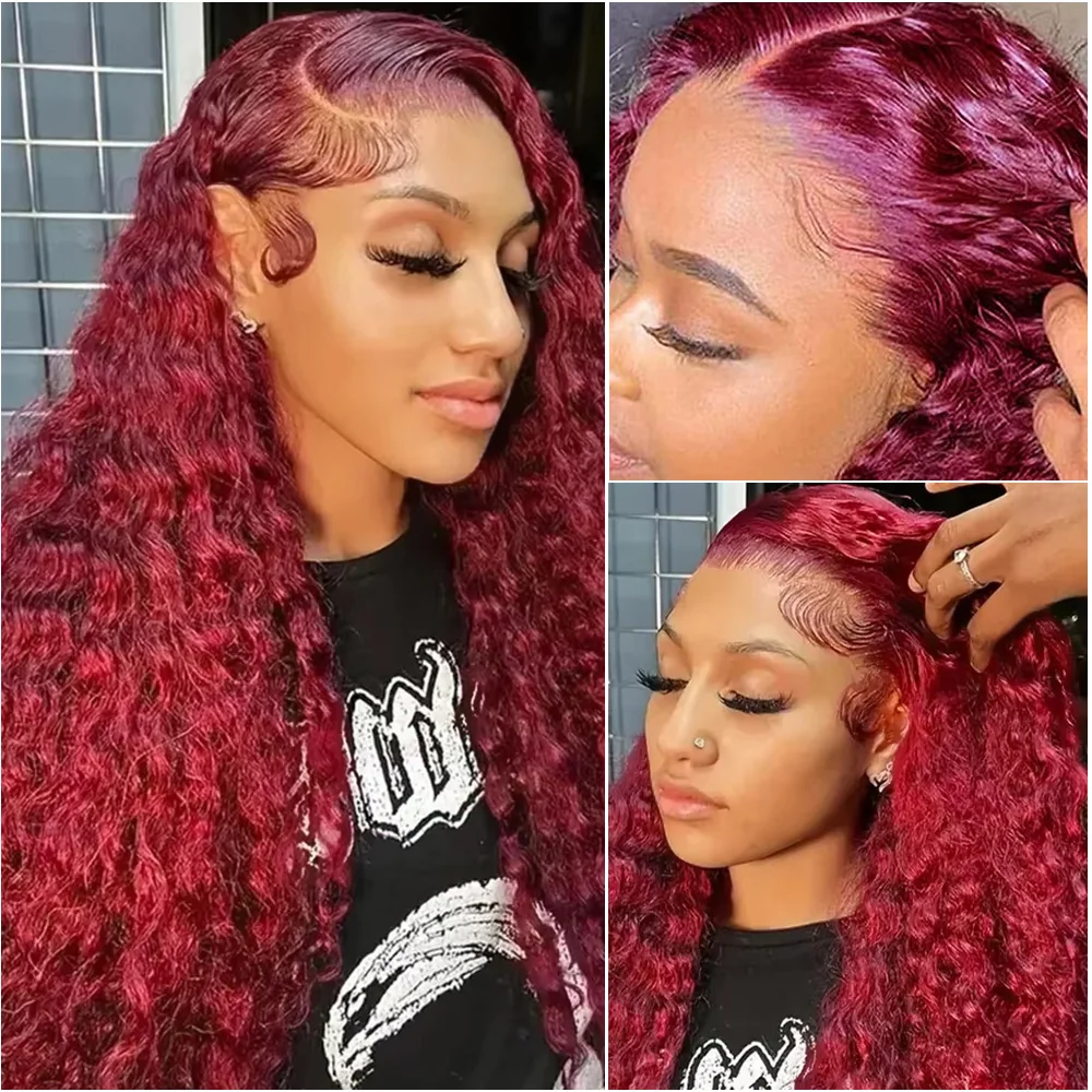 99J Borgogna Onda Profonda 200 Densità 13x4 Frontale Del Merletto Parrucca di Capelli Umani Al 100% 13x6 HD Trasparente Del Merletto Rosso Ricci Parrucche Anteriori Per Le Donne