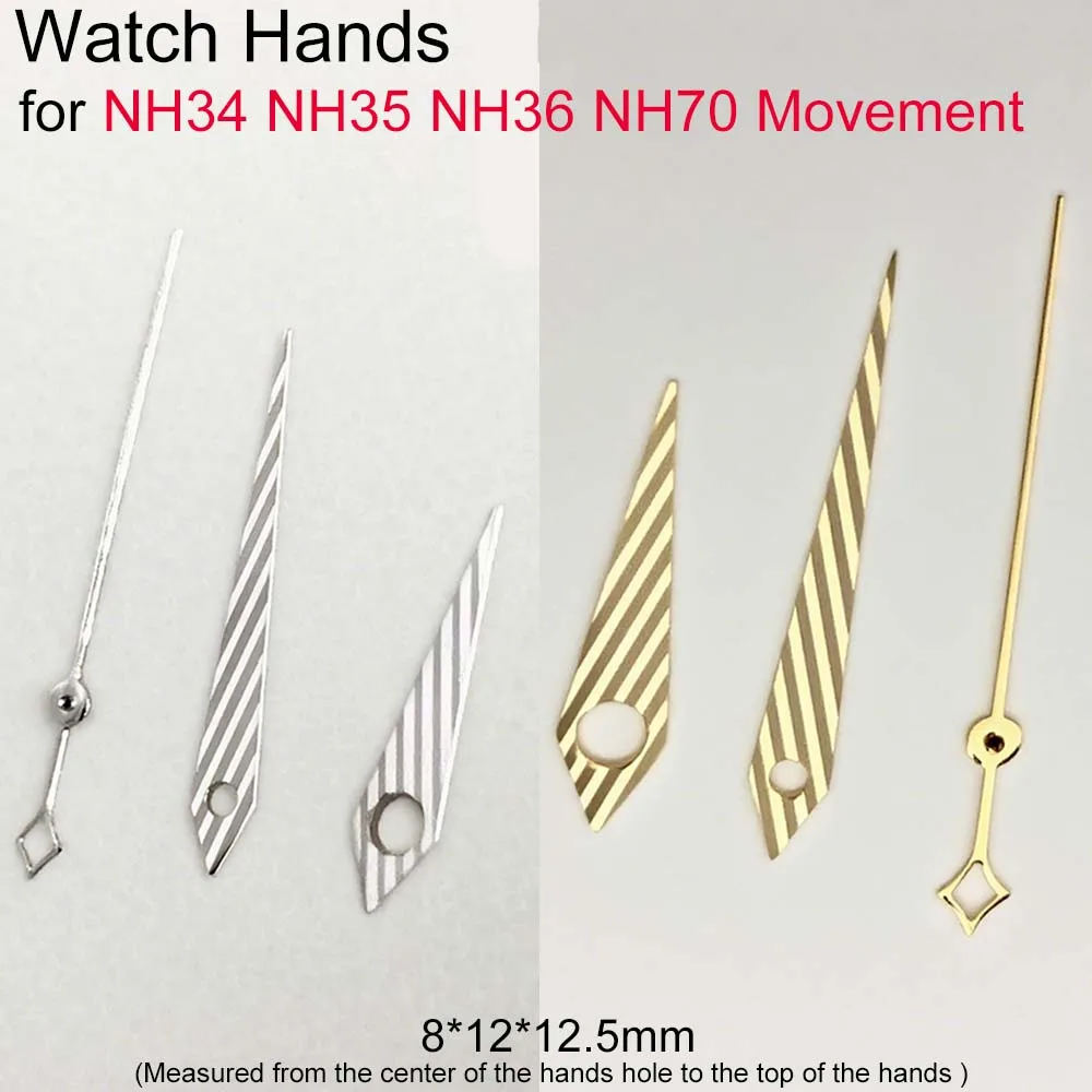 

Watch Hands for NH34 NH35 NH36 NH70 4R 7S Movement Twill Pattern Watch Pointers 8*12*12.5mm Replacement Gold/Silver Hands