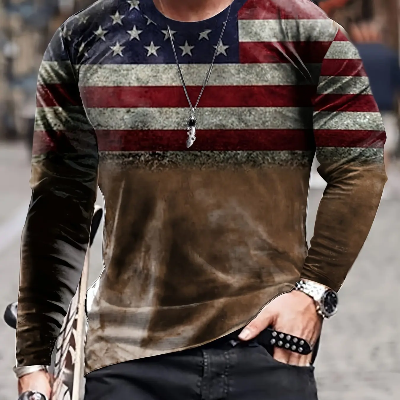 Retro Men's T-Shirt Autumn/Winter Long Sleeved T-Shirt American Flag Pattern Printed Short Sleeved Tops Casual Men's Clothing