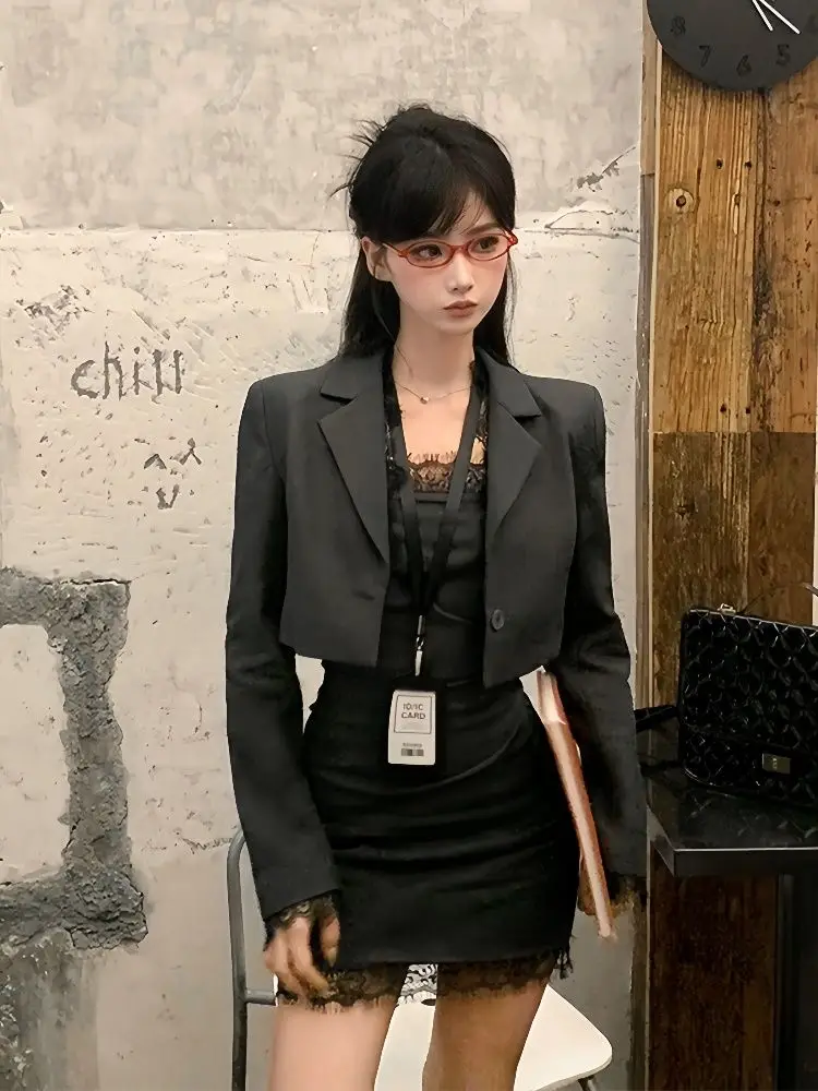 

Sexy Strap Lace Dress Women Evening Party Design Outfits Short Suit Coat Outwear Crop Tops Casual Chic 2025 Jacket Sets