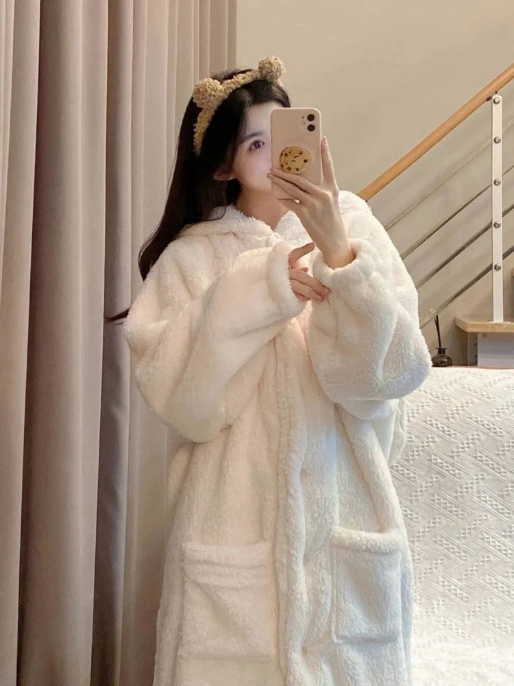 Hooded Robes Women Baggy Sweet Furry Kawaii Plus-velvet Designed Girlish Home Lounge Students Dormitory Sleepwear Pockets Trendy