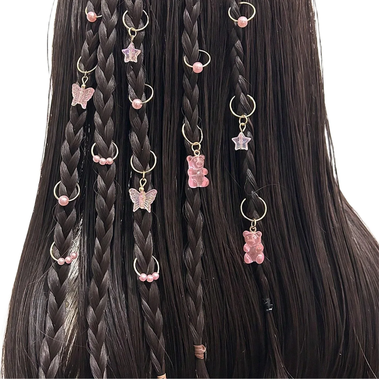 14 pçs anéis de cabelo de urso rosa e laço de cabelo para mulheres tranças dreadlock contas clipes punhos de metal ajustáveis trança acessório de cabelo
