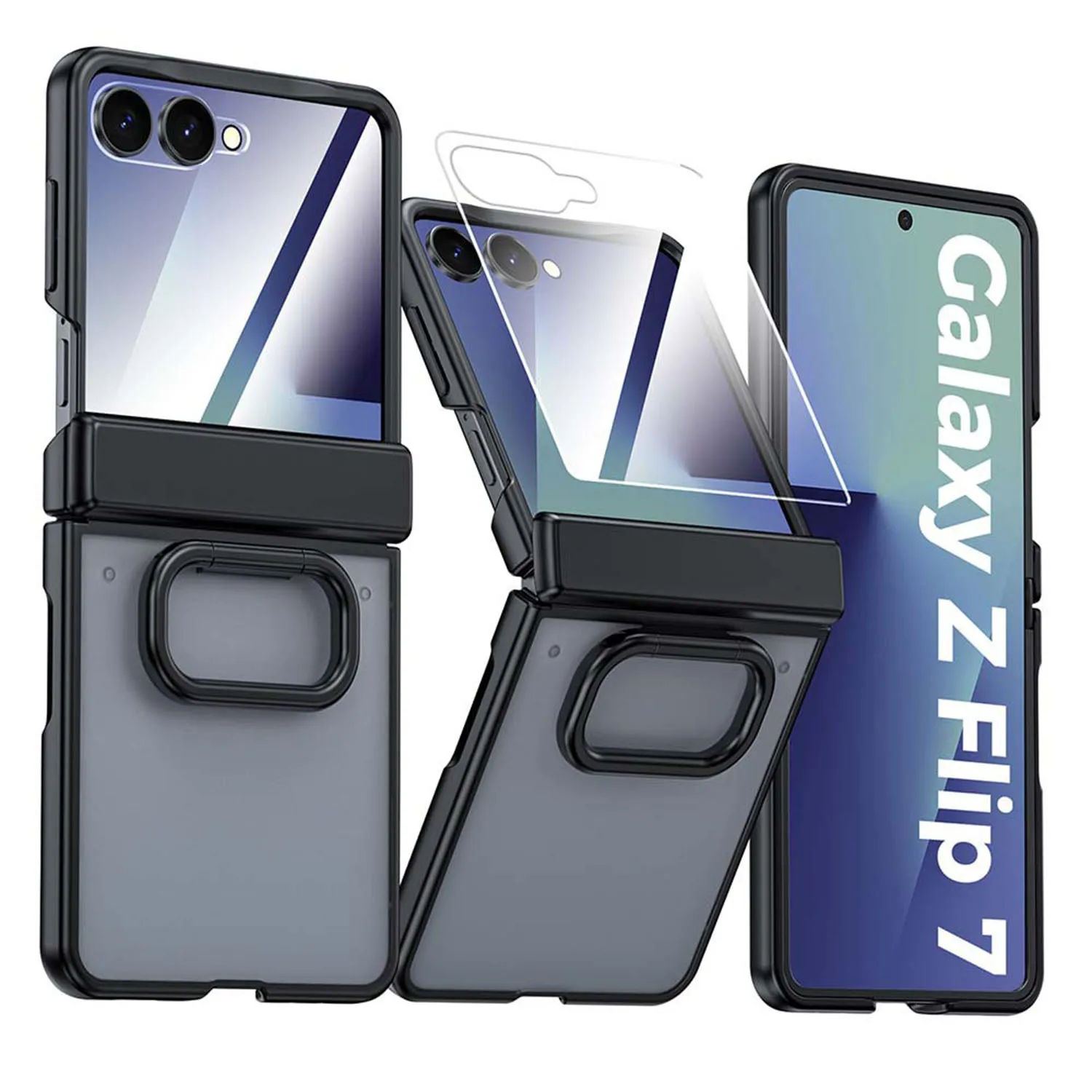 

Чехол-держатель с кольцом для Samsung Galaxy Z Flip 7 — тонкий, полупрозрачный матовый, встроенная защита экрана и шарниров, противоударный