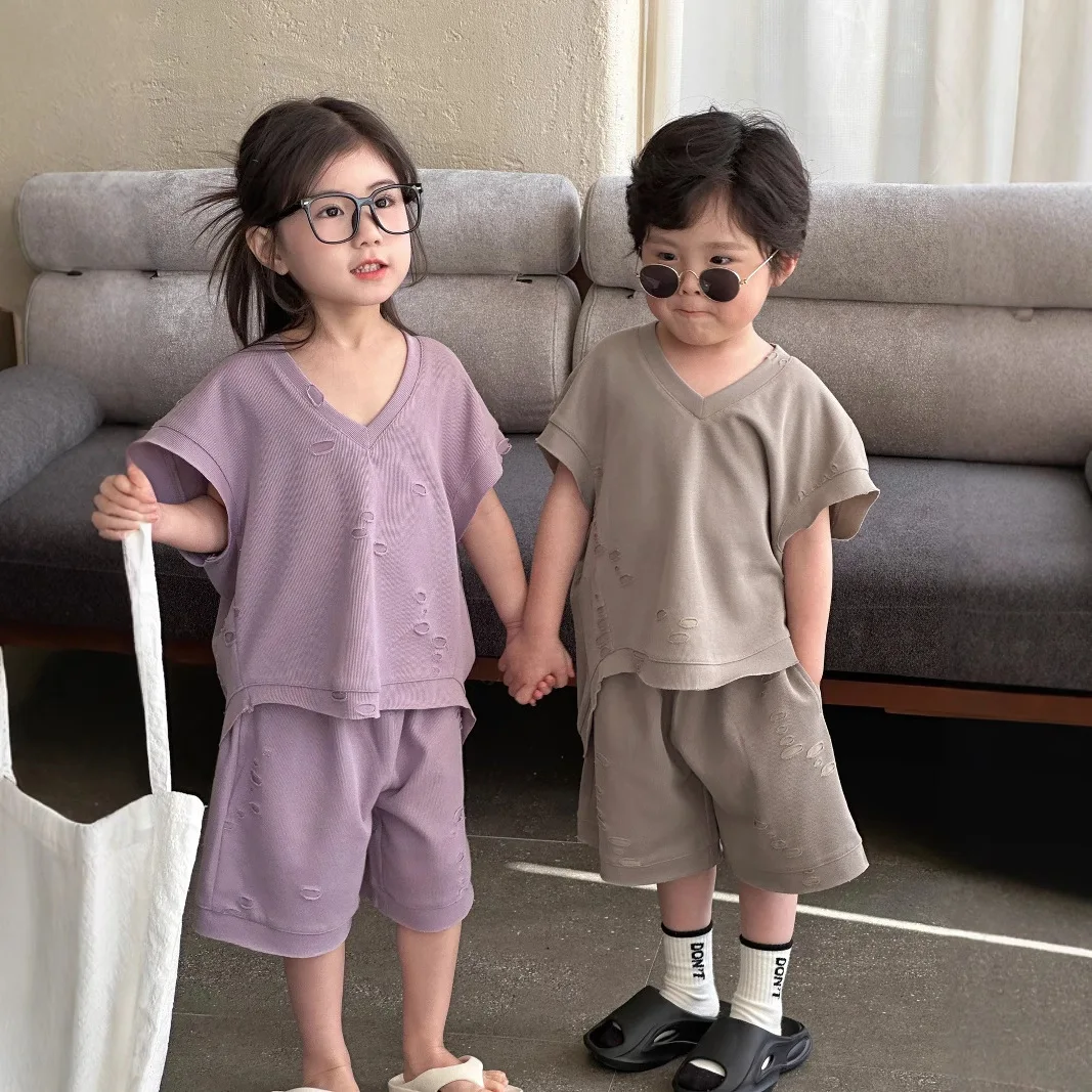 

New Summer Brother Sister Clothes Set Muslin Hollow V-collar Kid Boy Short Sleeve Top Suit Loose Solid Straight Shorts Tracksuit