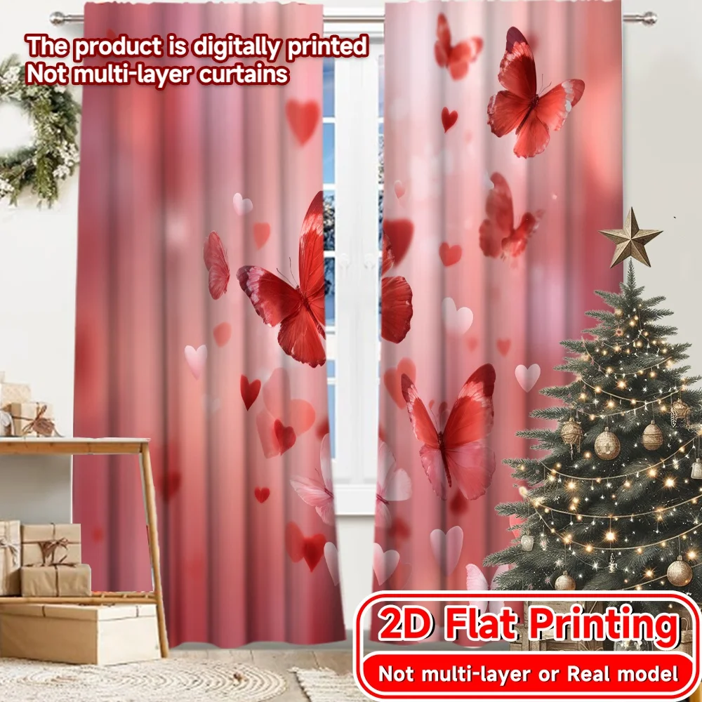 2D Flat Printing,2pcs Heartful Harmony Modern Light Filtering Curtains Versatile Durable Polyester Curtains Room Decor Perfect