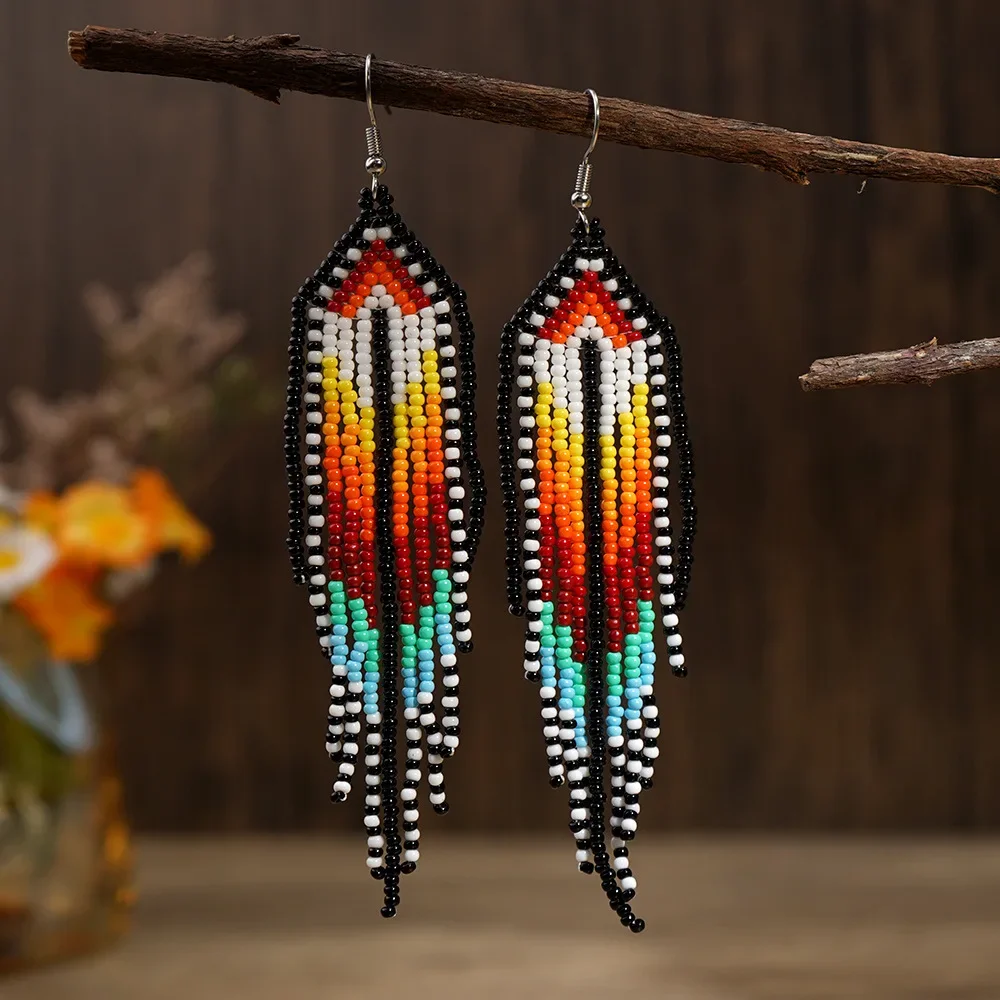 

Rice bead earrings Gradient Rainbow Tassel Originality Design Hand knitting Bohemia Alloy Fashion Simple Beaded earrings