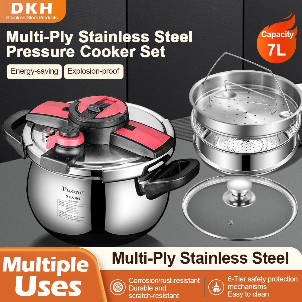 

Fuone 7L Многослойный набор скороварки из нержавеющей стали со стеклянной крышкой, поднос для пароварки, взрывозащищенный безопасный кухонный горшок