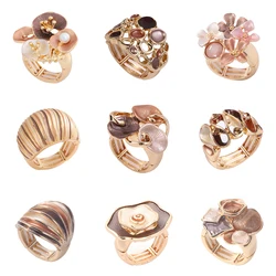Fashion Drip Oil Geometric Flower Rings for Women Accessories Trendy Elastic Adjustable Wide Gold Color Ring Party Jewelry Gift