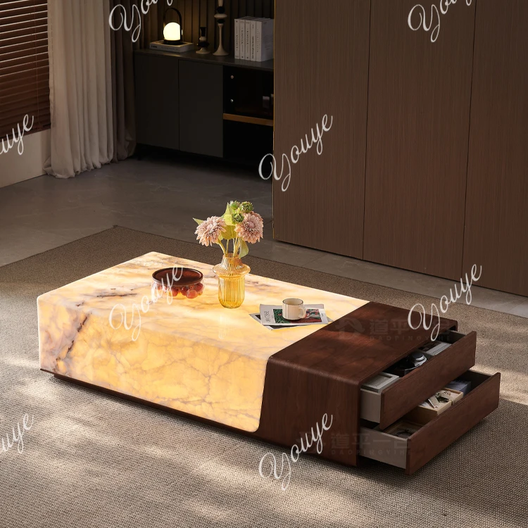 Natuurlijke marmeren lichtgevende salontafel, lichte luxe high-end grote design salontafel in de woonkamer met vlakke vloer