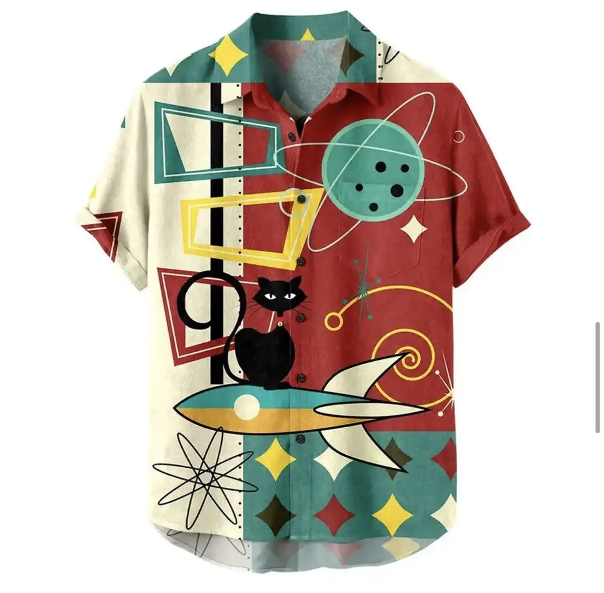 

Men's Cat Print Hawaiian Shirt - Street Style Short Sleeve Button-Up with Lapel Collar, Breathable Summer Fabric, Machine Washab