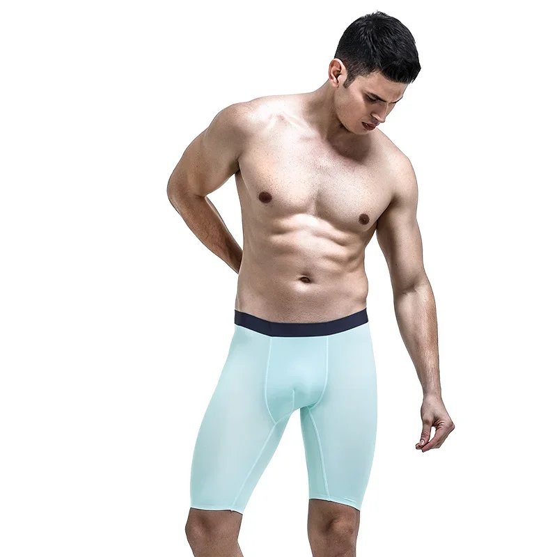 Summer Men Sporty Underwear Ice Silk Quick Drying Extended Anti-wear Legs Large Boxer Shorts Head Bag Adult Medium Waist