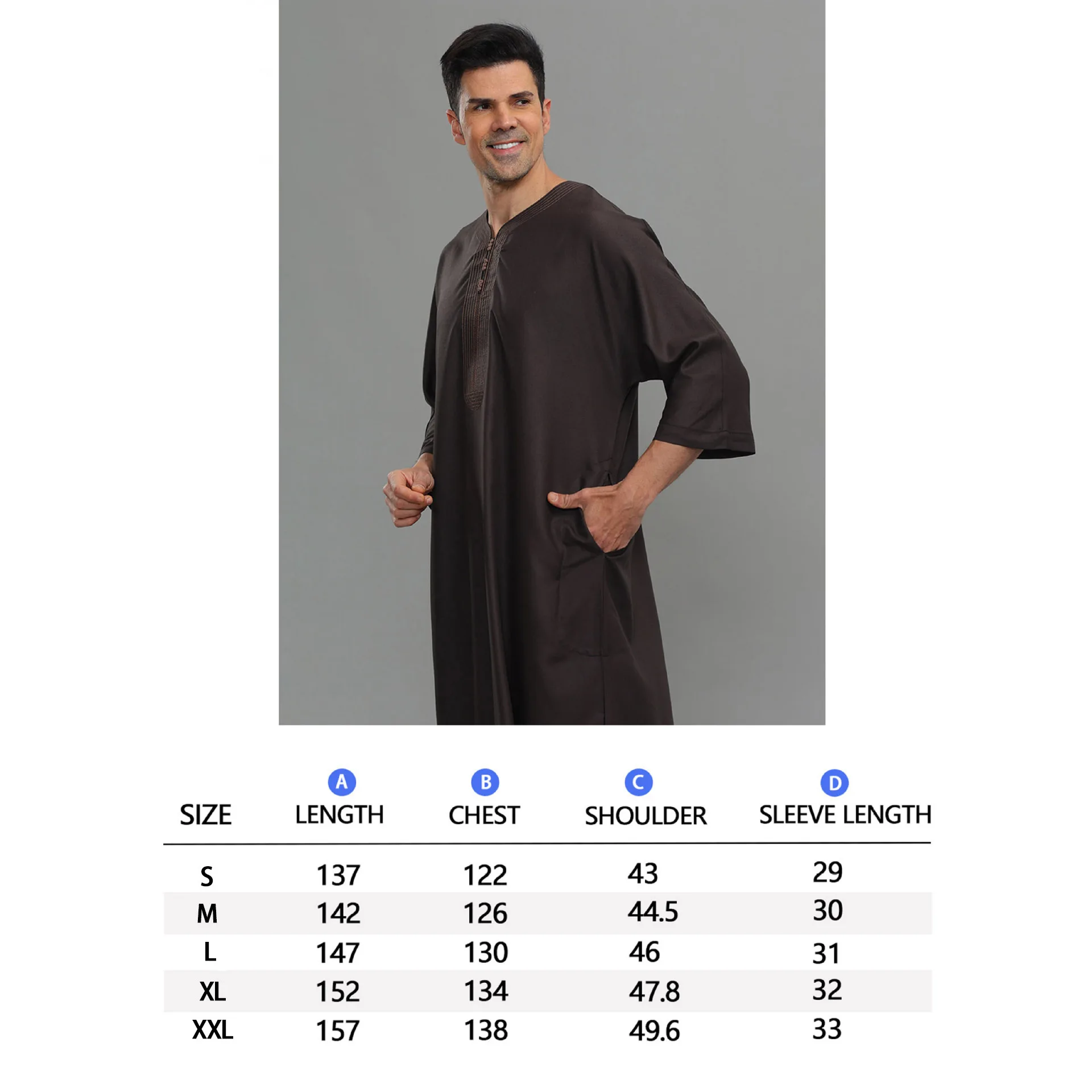 Men's Embroidered Thobe 3/4 Sleeve Kaftan, Loose Fit Islamic Jubba, Middle East Style Long Robe for Prayer & Daily Wear