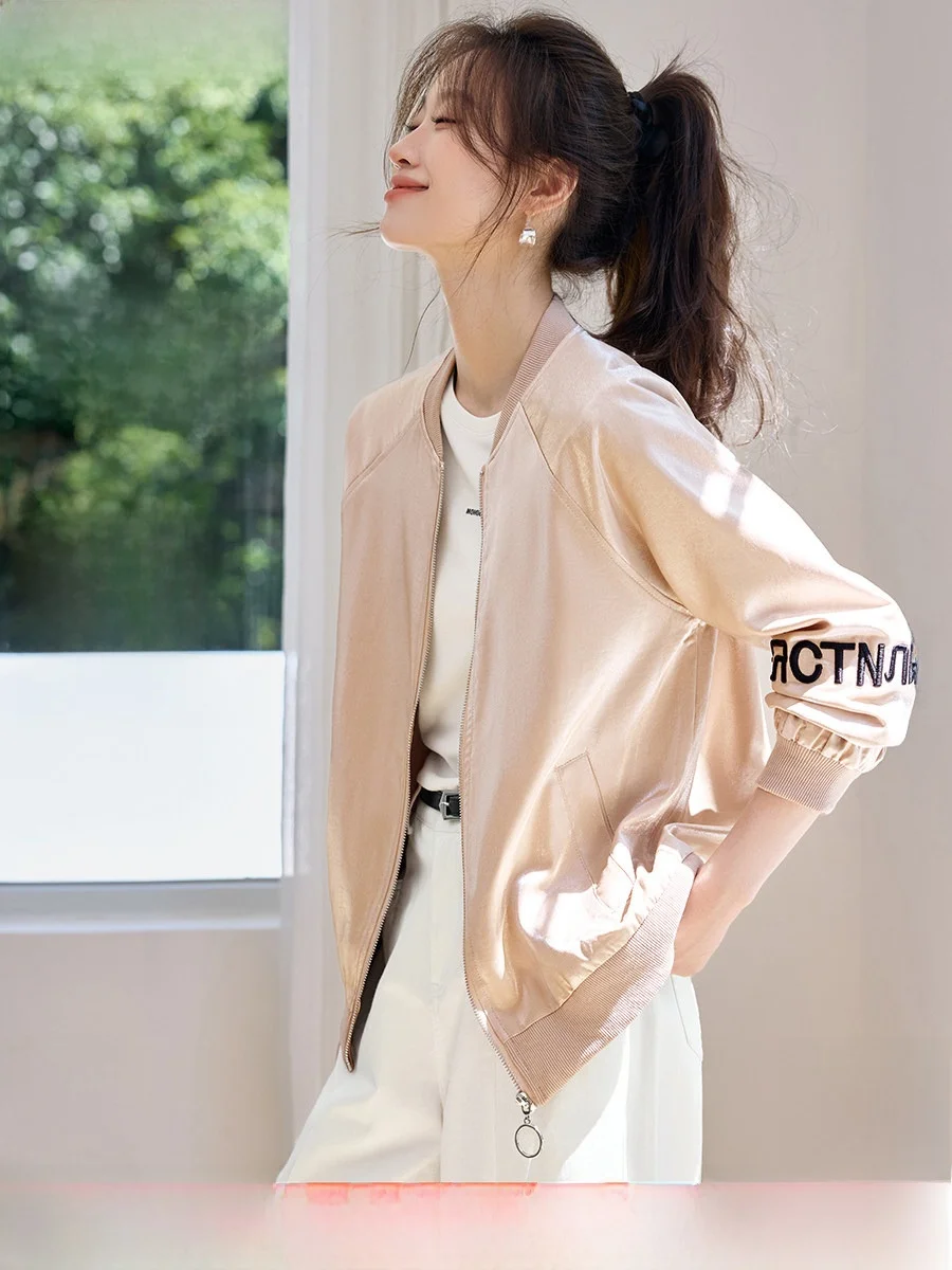 

Mehaime Baseball Sle Letter Embroidery Jaet Women's Autumn New Faion Simple Sli Fi Girl Silk Luster Outerwear