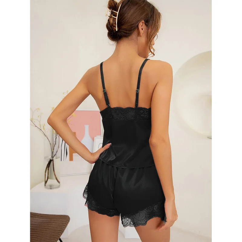 Women Summer Two Pieces Shorts Solid Pajamas With Suspenders Sexy Lace Homewear Loose Sleeveless Soft Thin Comfortable Underwear