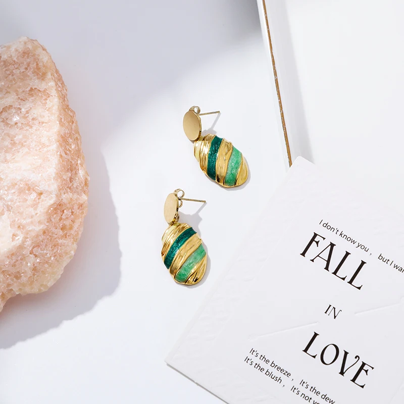 Stainless Steel Drip Oil Contrasting Flower Earrings Accessories Colored Enamel Leaves Long Pendant High-end Feeling Ear Studs