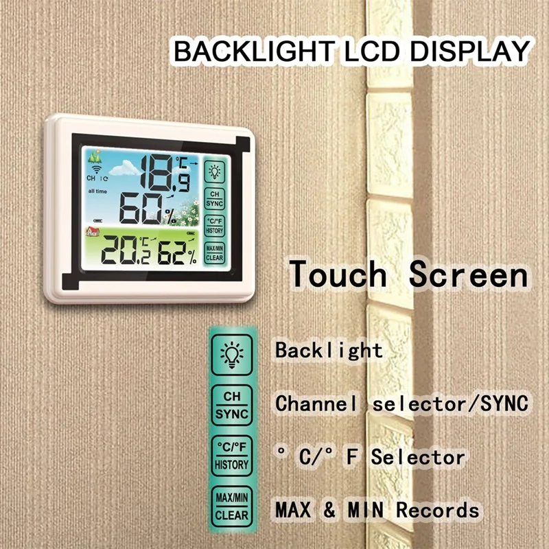 Touch Screen Weather Station With Wireless Sensor Alarm Clock, Thermometer, Hygrometer, Sunrise And Sunset Times