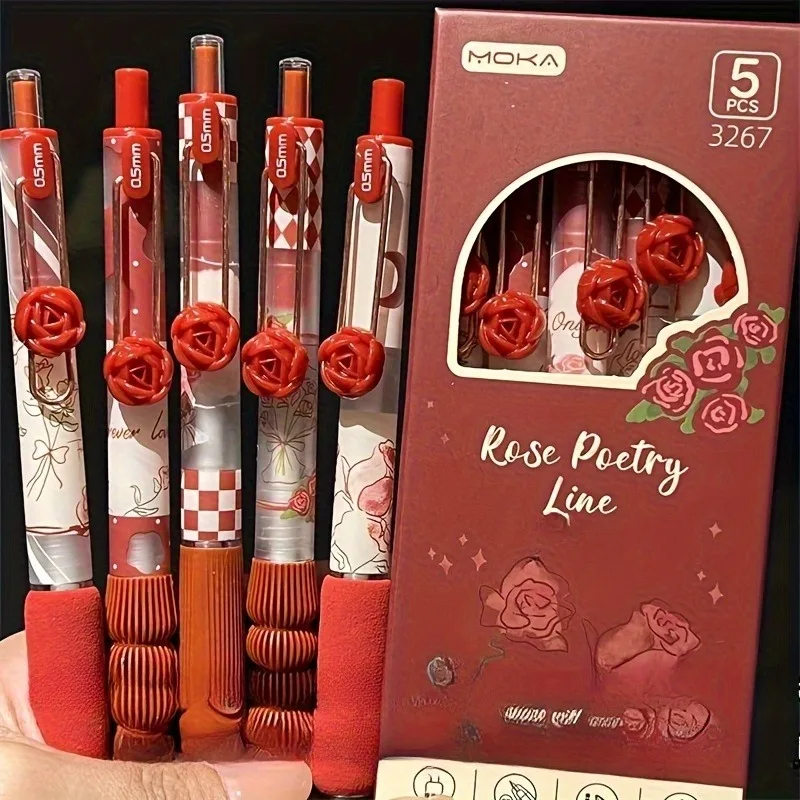 

Набор из 5 ручек-карандашей с розовым дизайном, нейтральные ручки с мягким захватом, черные ручки, быстросохнущие ручки-кисти, ручки для подписи, креативные ручки.