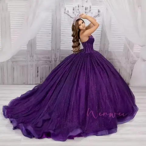 Klassisk Lila Quinceanera-klänning Balklänning Applikationer Pärlor Korsett Cape Sweet 16 Vestido De 15 Anos Anpassad Mexikansk 10 best sales lila balklänning - №2