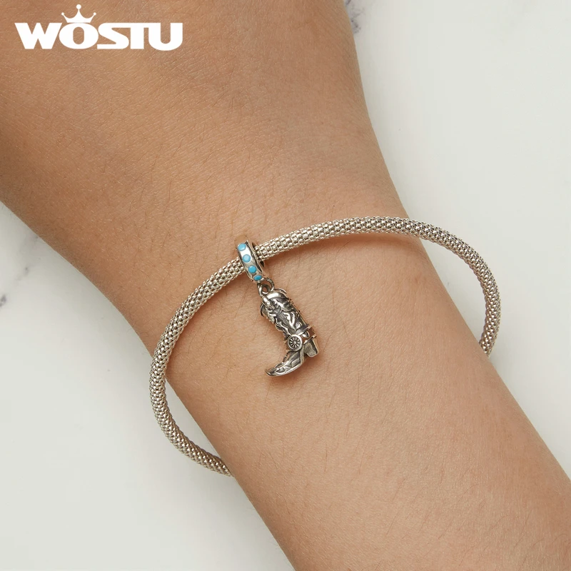 WOSTU Vintage 925 Sterling Silver Western Cowboy Leather Pendant Dream Catcher Charm Fit Original Bracelet DIY Jewelry Making