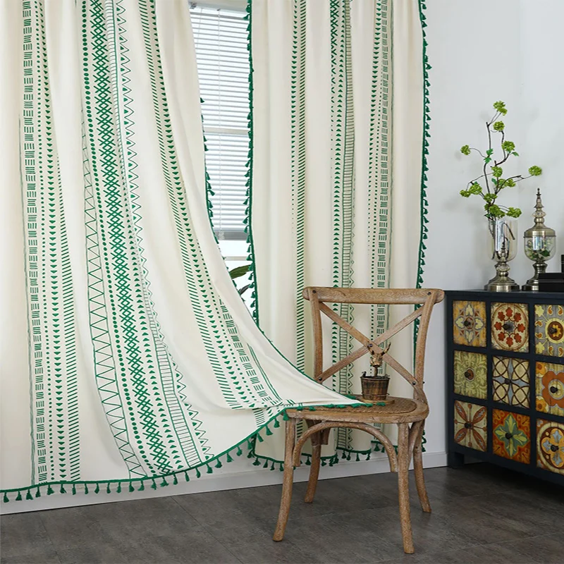 

Cotton Boho Green Geometry Window Curtain with Tassels Blackout Valance for The Luxury Living Room Curtains for Living Room