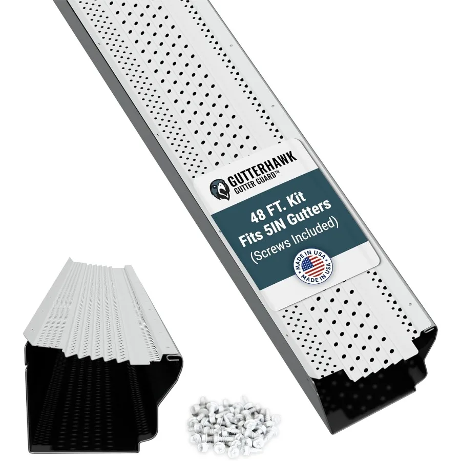 Guarda de calha - Kit de proteção de calha totalmente em alumínio branco nominal de 48 pés com parafusos incluídos para calhas de 5 polegadas DIY amigável 5 pol. x 47 pol.