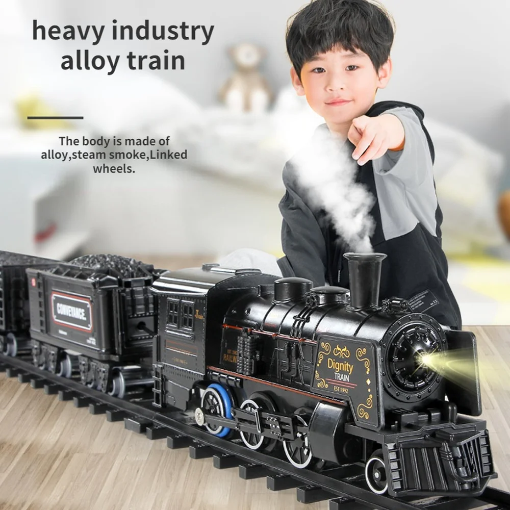 Simulation Steam Train Alloy Metal Car Track Railway Classical Train Model with Smoke Battery Operated Kids Toy Gift