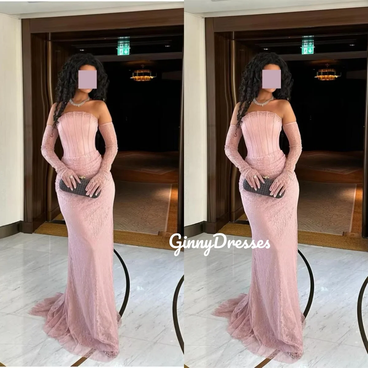 

Evening Dresses Luxury Customize Strapless Mermaid Sweep Train Zipper Up Formal Occasion Dresses Pink Lace Long Sleeves Vestidos