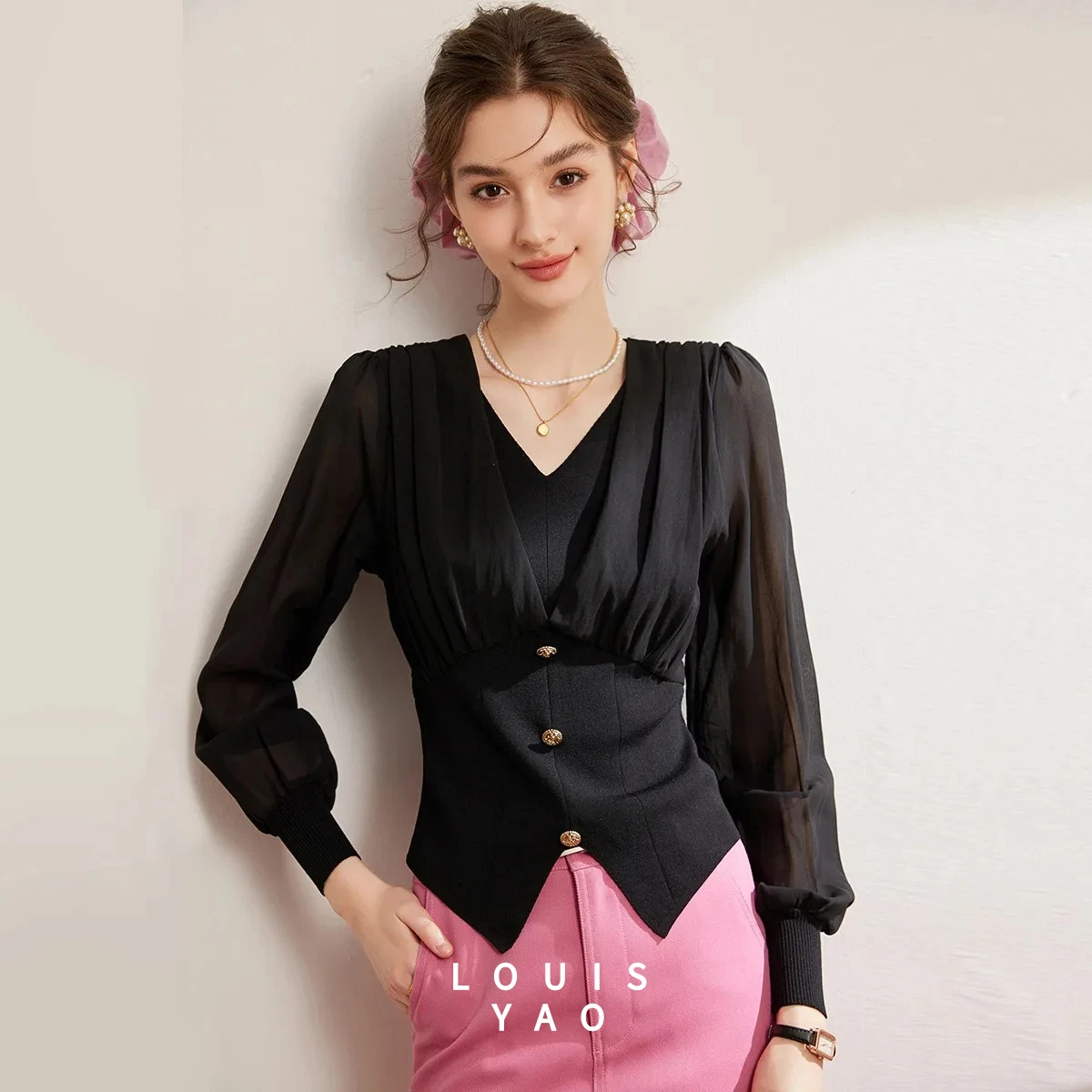 

LOUISYAO Solid Color Splicing Long Sleeved Knitwear 2025 Spring Micro Elastic Pullover V-neck Women's Knitted Sweater Tops