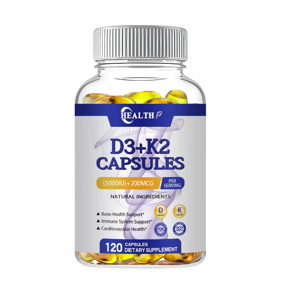 HEALTH Vitamin D3+K2 5000 IU 200 MCG Vitamins Capsules | Non-GMO, Vegan, Nutural, Gluten-free | Health Supplement